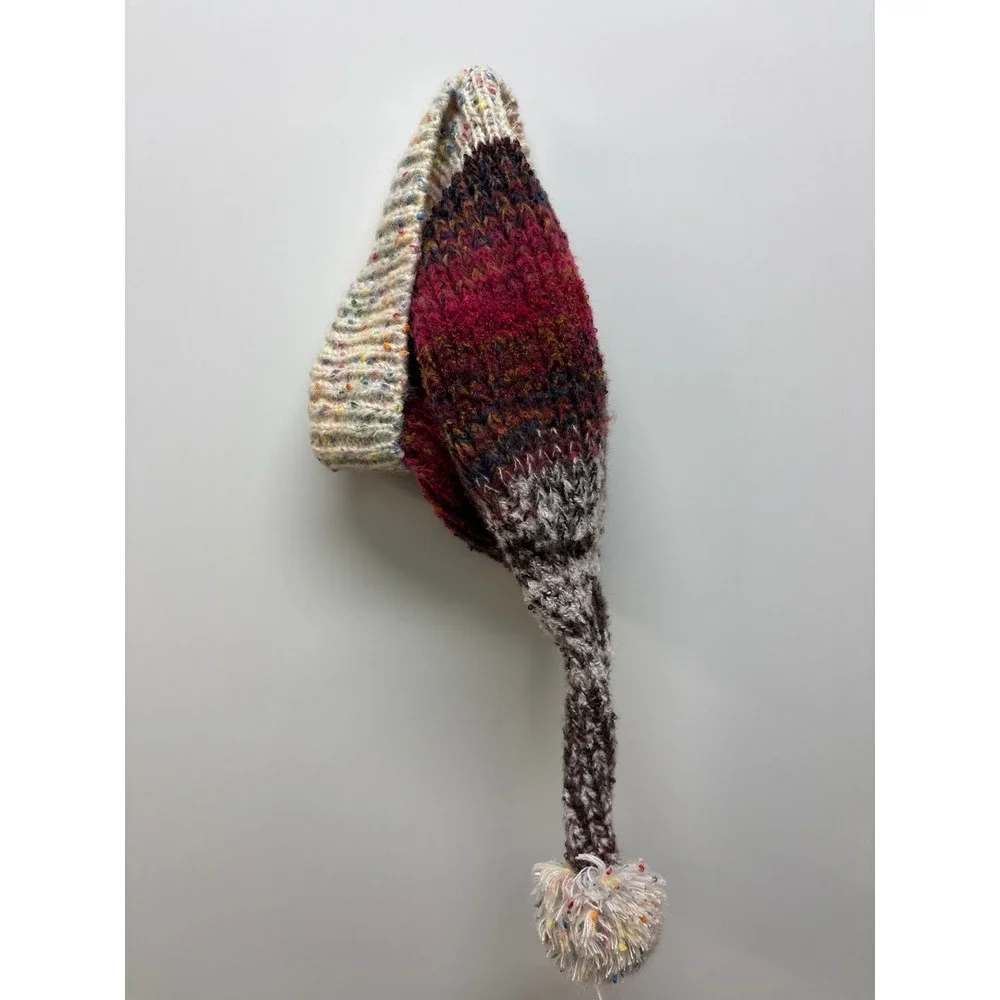 Handmade Chunky Knit Stocking Cap Long Tail Pom Beanie Burgundy Cream Multicolor